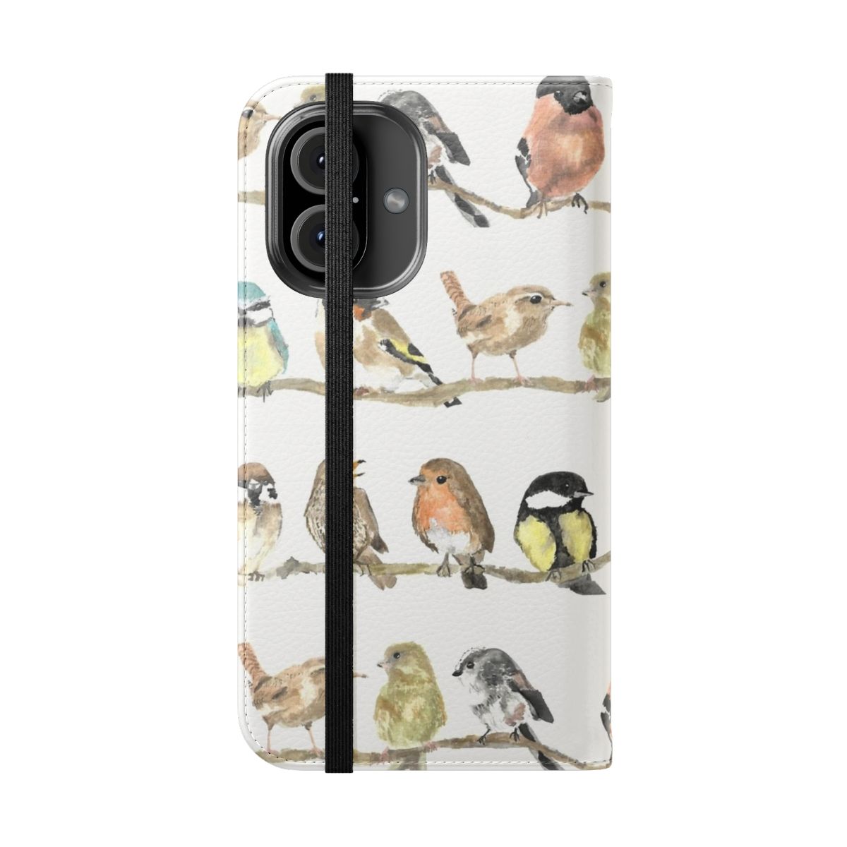 Colorful phone case featuring illustrations of robins, wrens, and other garden birds - Folded Front