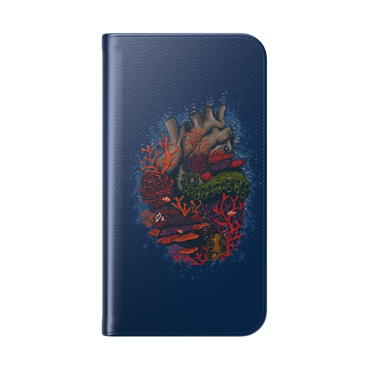 Vibrant phone case featuring an underwater seascape with coral reef and marine life. - Folded Back