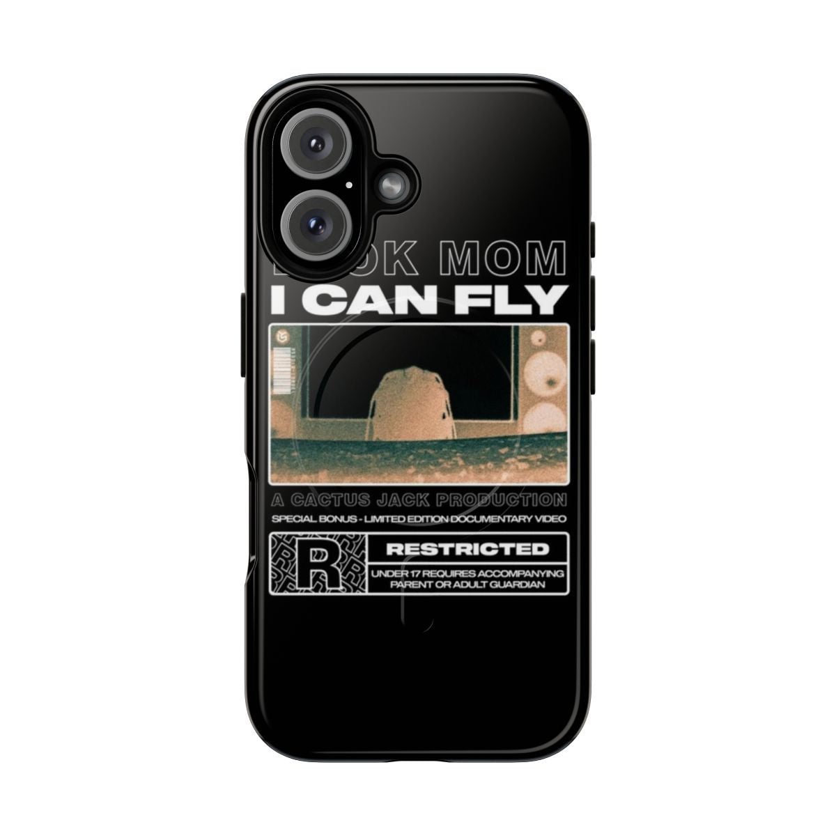 Magnetic tough phone case featuring a Travis Scott design