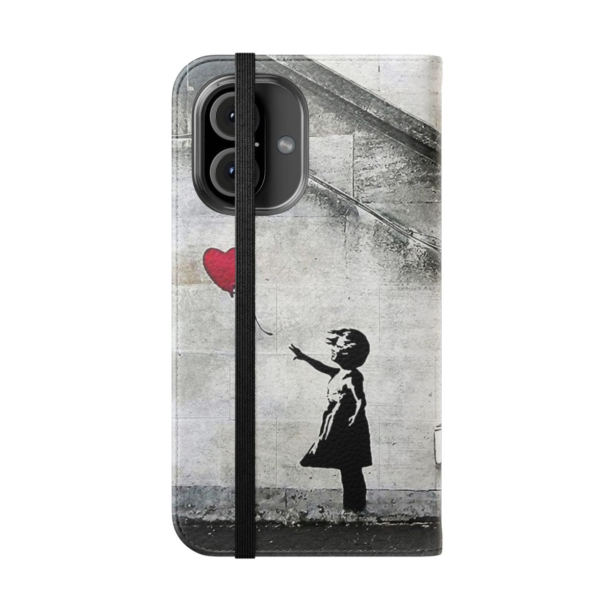 Flip phone case featuring an original street art mural of a girl with a balloon, inspired by the iconic work of artist Banksy. - Folded Front