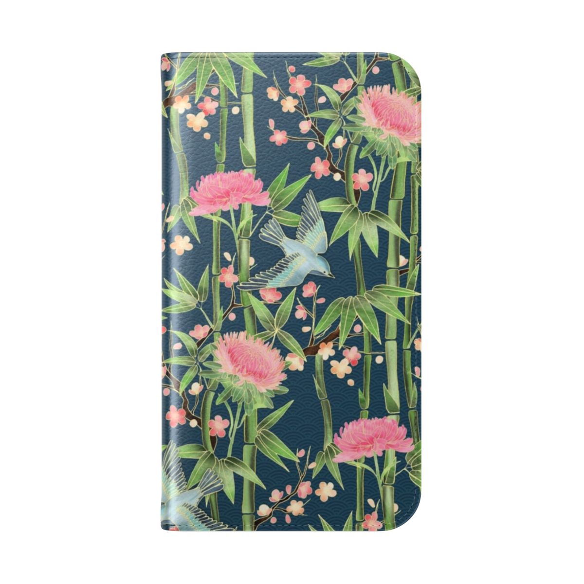 A dark teal flip phone case featuring a beautiful pattern of bamboo, birds, and blossoms. - Folded Back