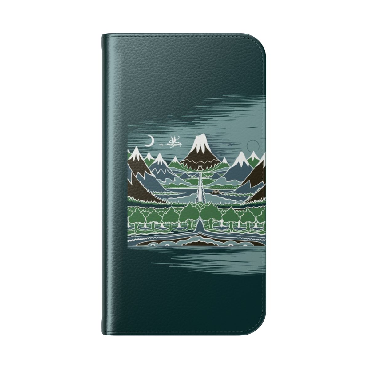 Fantasy flip cover phone case with Lord of the Rings inspired artwork featuring a halfling's journey on a mountain path through an elven wood. - Folded Back