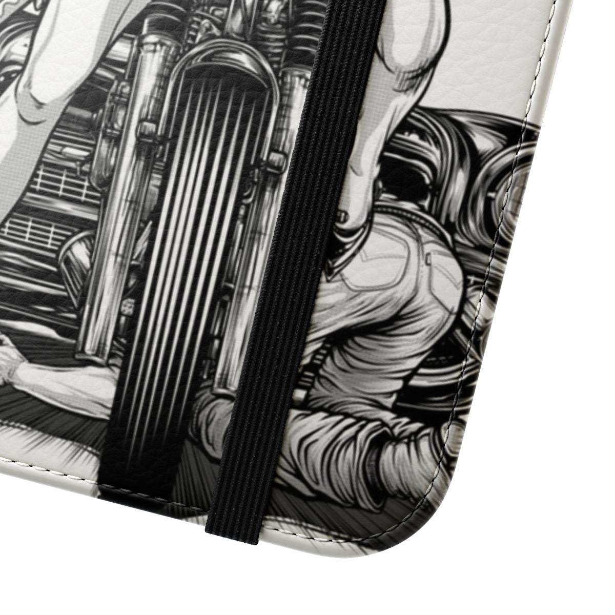 Flip cover phone case with vintage car, motorcycle, and manga inspired artwork - Close Up