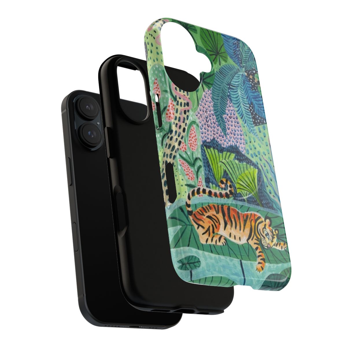 Lush green tropical leaves and a fierce jungle tiger on a durable magnetic phone case. - Layers