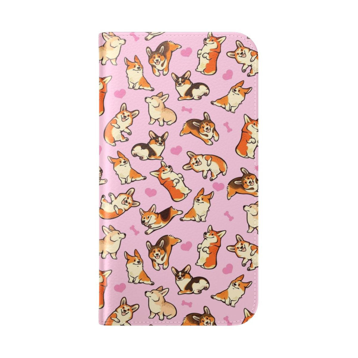 A pink phone case featuring a cute pattern of Pembroke Welsh Corgis. - Folded Back