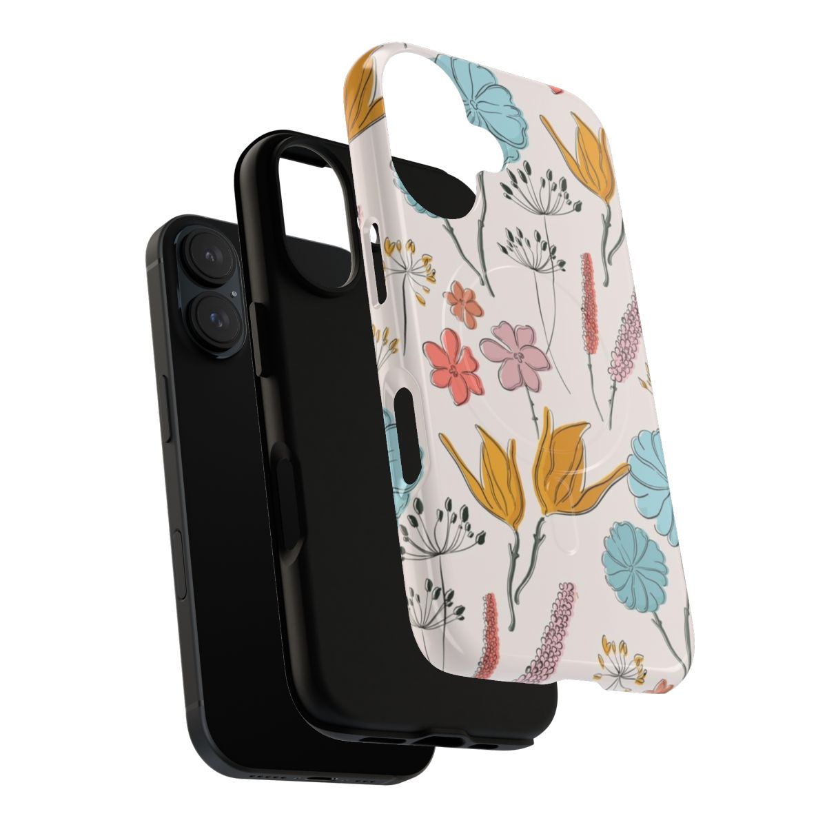 Close-up of a colorful summer flower print phone case. - Layers