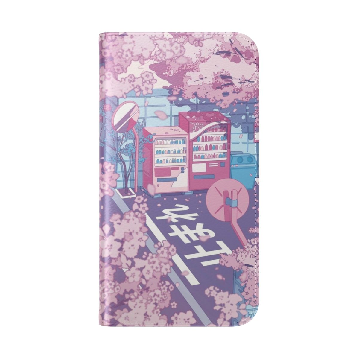 Pastel Japanese street scene with pink sakura tree blossoms, aesthetic phone case - Folded Back