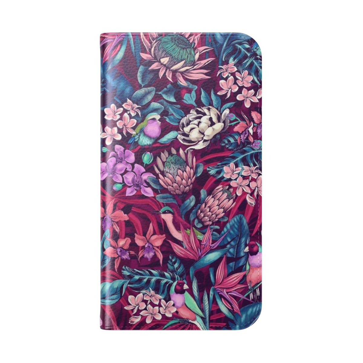 Colorful tropical bird and floral print phone case with flip stand cover - Folded Back