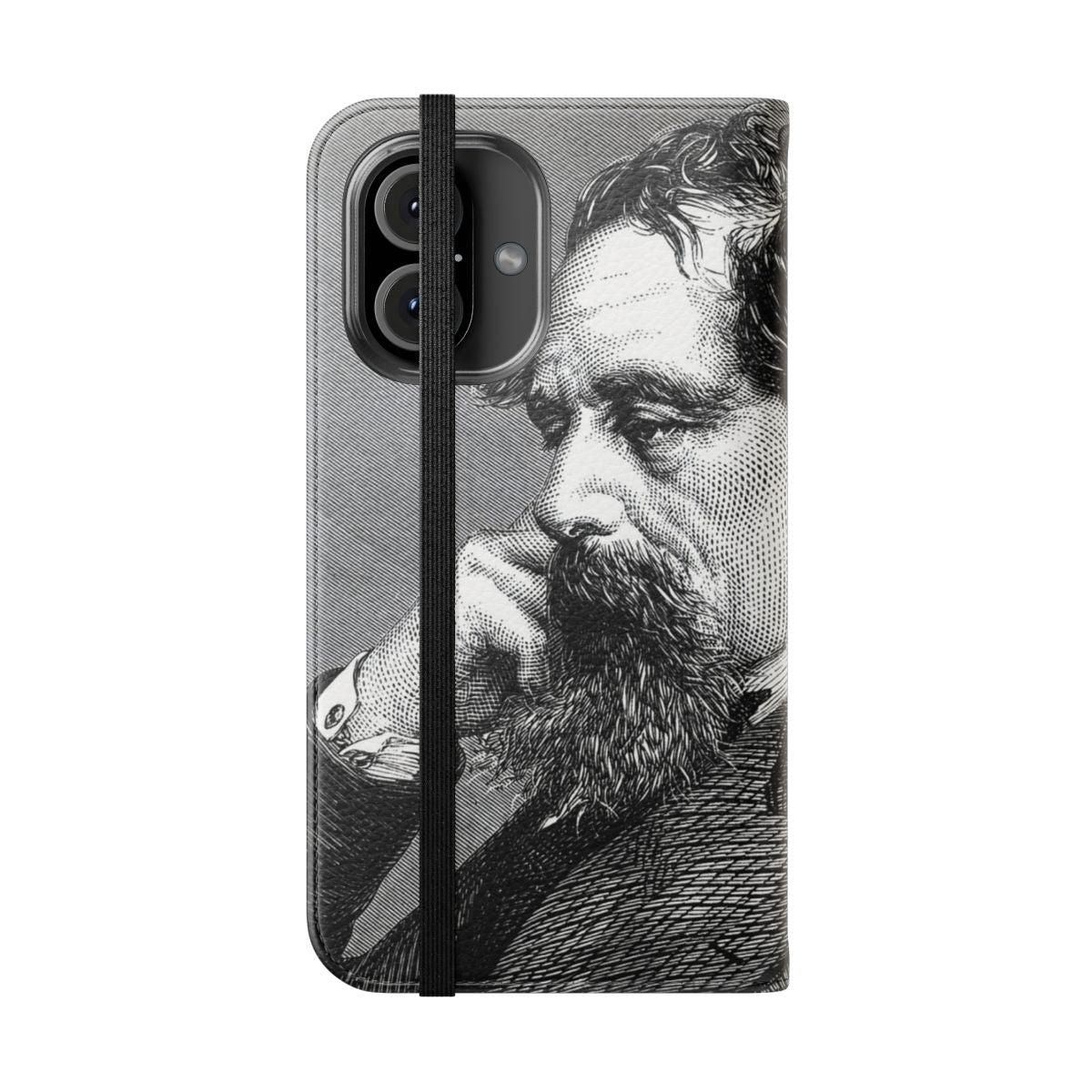 A vintage-inspired flip cover phone case featuring a portrait of the renowned author Charles Dickens. - Folded Front