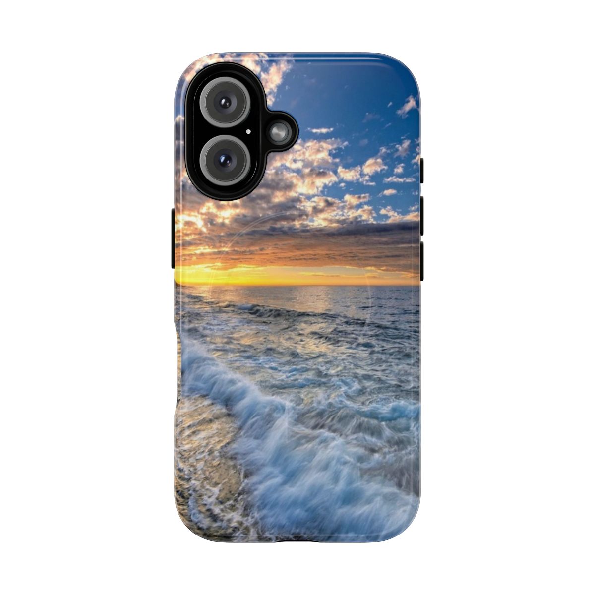 Vibrant seascape artwork featuring ocean waves, beach, and sunset on a magnetic phone case.