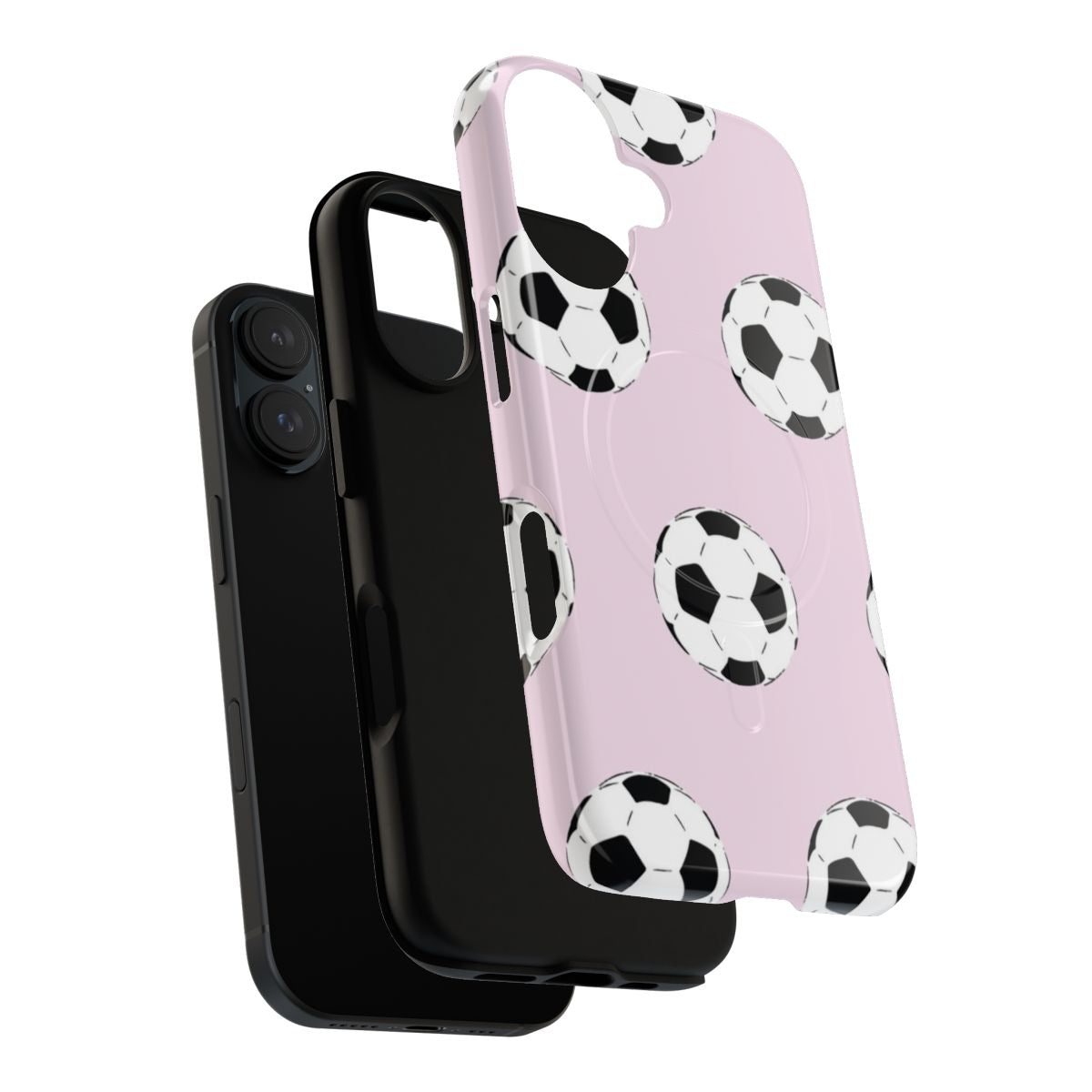 Vibrant pink phone case with a fun soccer ball design, perfect for soccer enthusiasts. - Layers