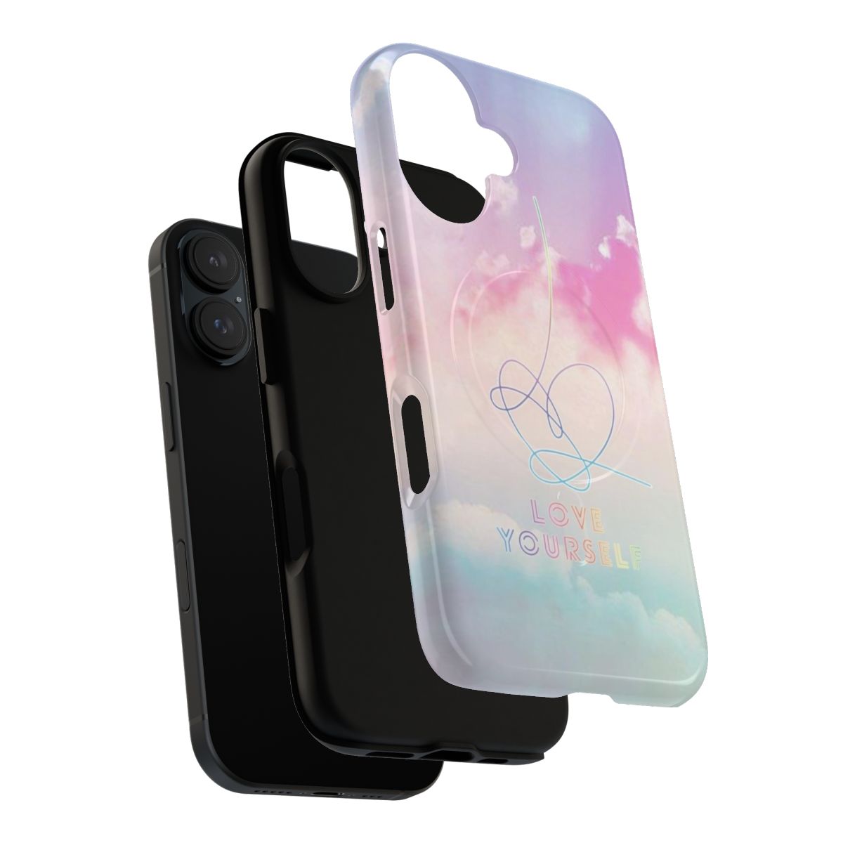 A pastel-colored phone case featuring clouds and the BTS logo, offering magnetic and durable protection for your device. - Layers