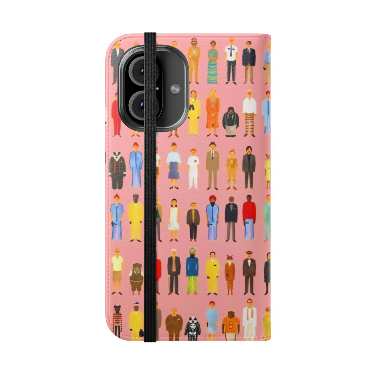 Pastel-colored flip phone case featuring characters from Wes Anderson films - Folded Front