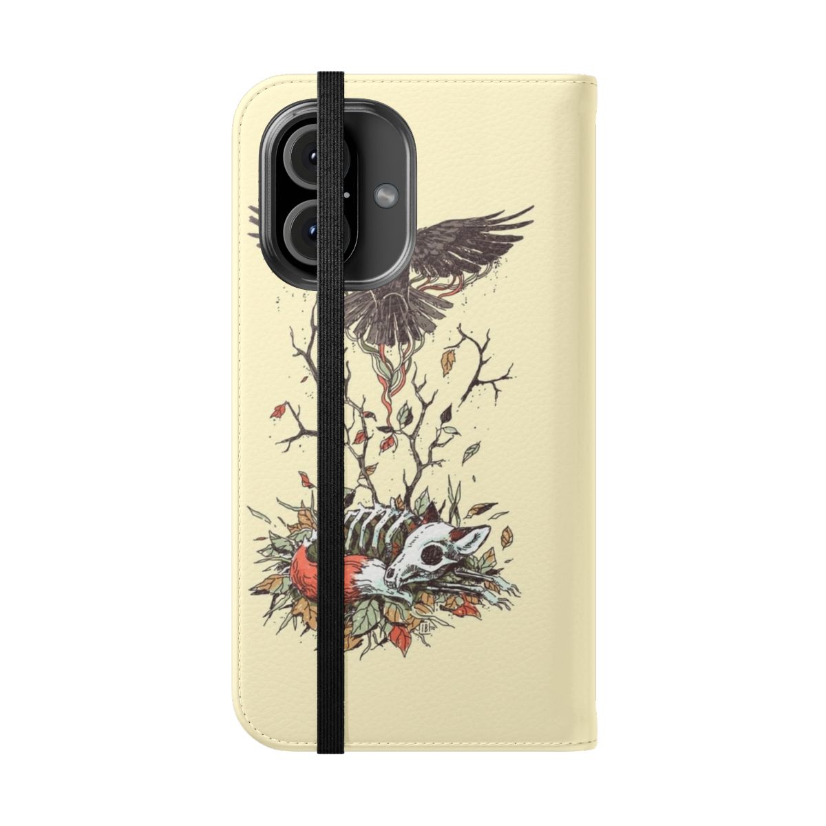 Artistic phone case featuring a dark and mystical fox design with raven, skeleton, and autumn leaves in a moody, fantasy-inspired style. - Folded Front