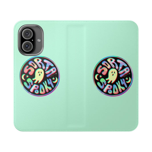 Holographic and spooky phone case featuring a graphic design with moon, stars, and rainbow effects