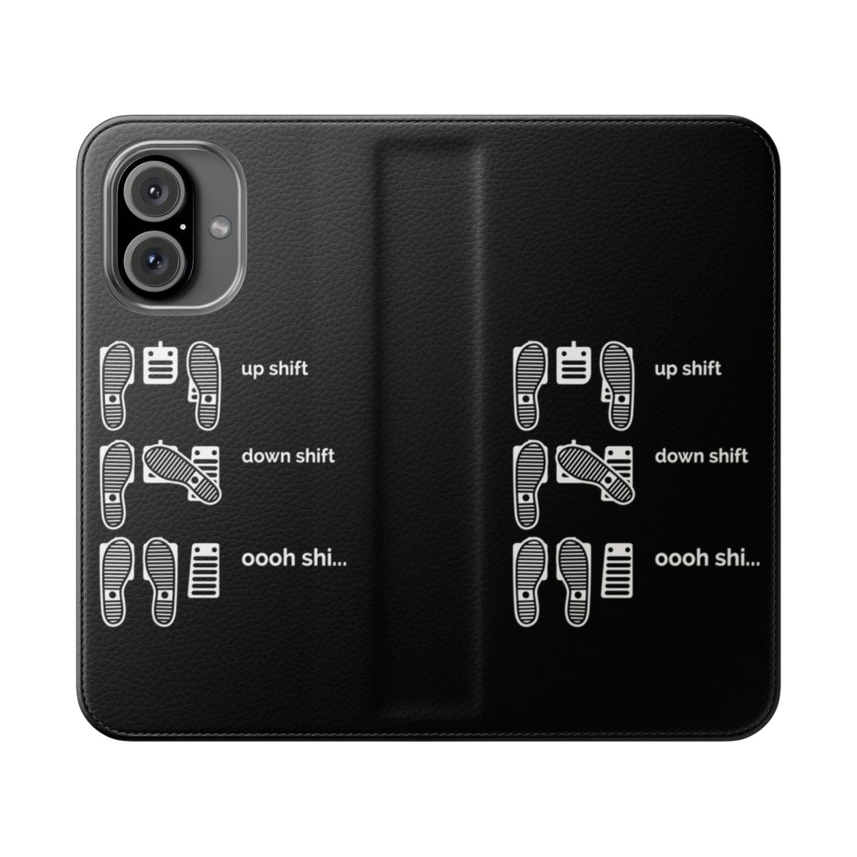 Flip cover phone case with "Up Shift, Down Shift, Oooh Shi..." design for car enthusiasts