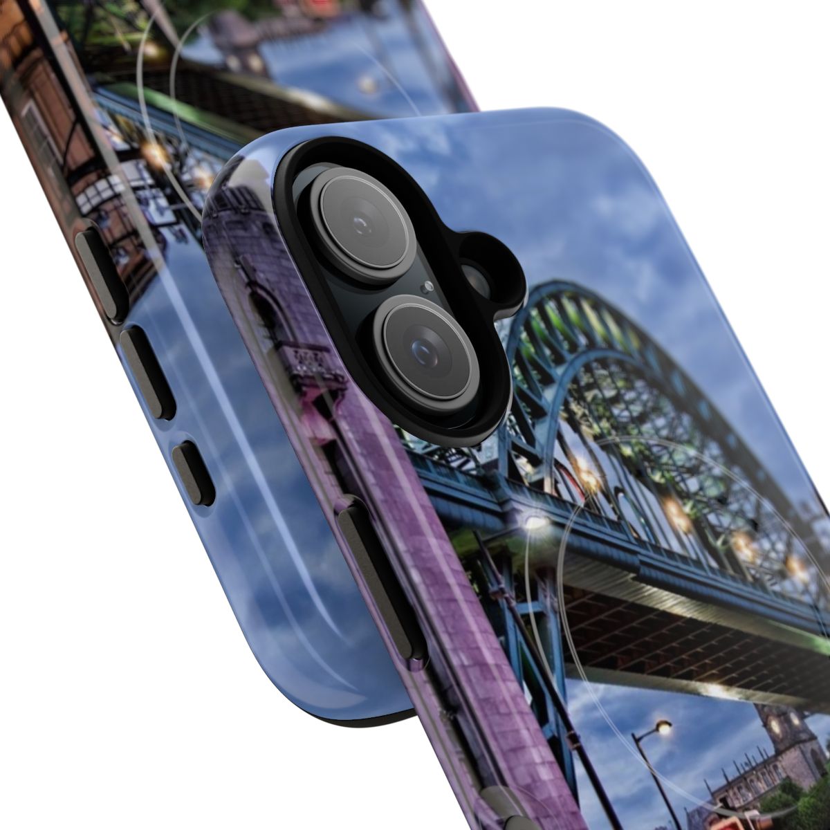 Magnetic phone case featuring a scenic landscape photograph of the iconic Tyne Bridge in Newcastle, UK. - Detail