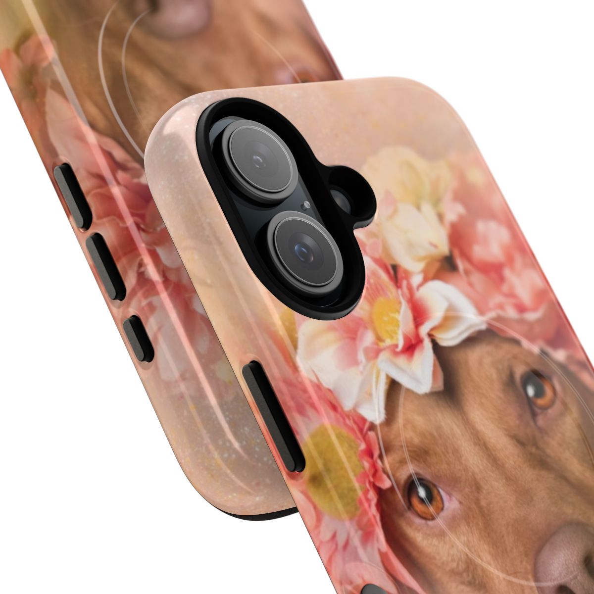 Pitbull puppy wearing a flower crown on a durable, magnetic phone case - Detail