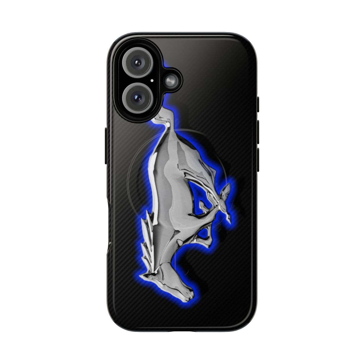 A black and blue Ford Mustang-inspired phone case with a chrome accent and magnetic closure for added protection.