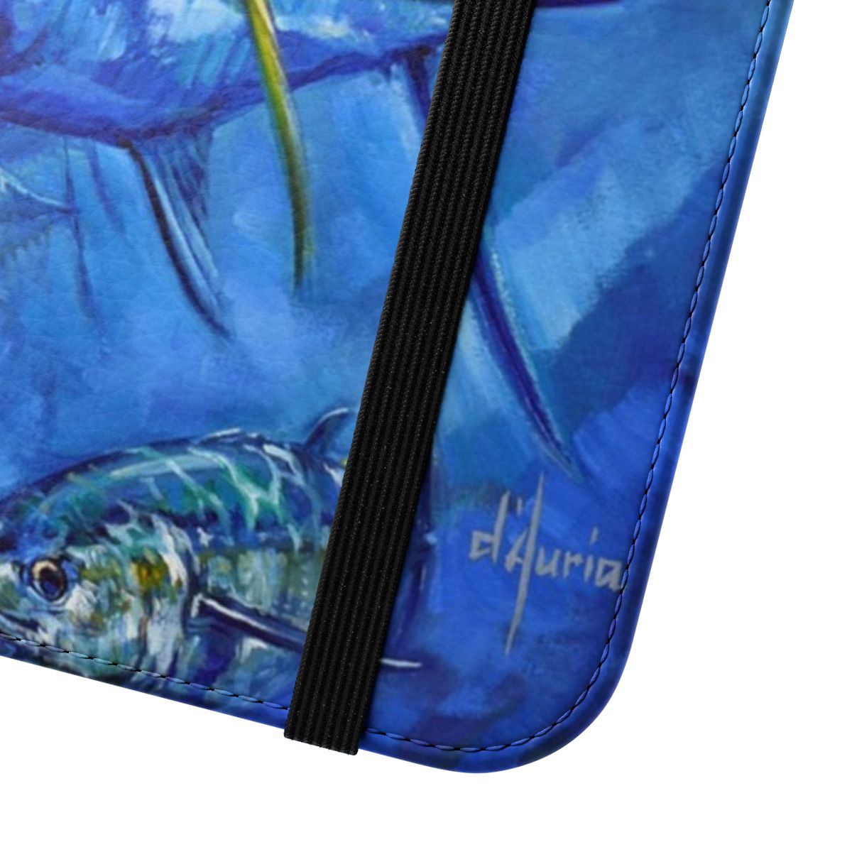 Flip cover phone case featuring colorful illustrations of mahi mahi, dorado, tuna, and marlin fish. - Close Up