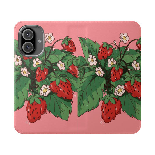 A colorful and whimsical phone case featuring a strawberry and frog design in a cottage core style.