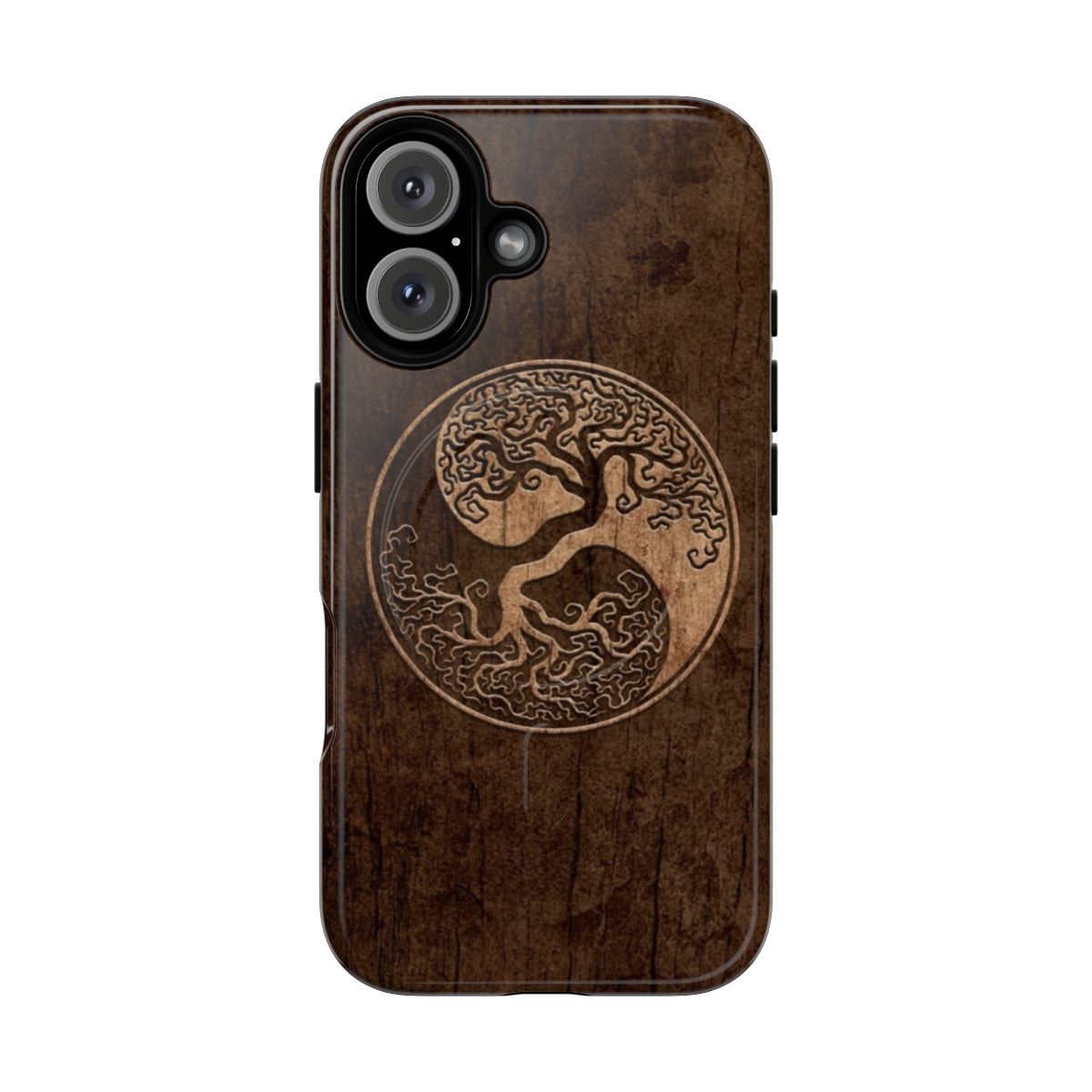 Rustic wood grain phone case with yin yang tree of life design