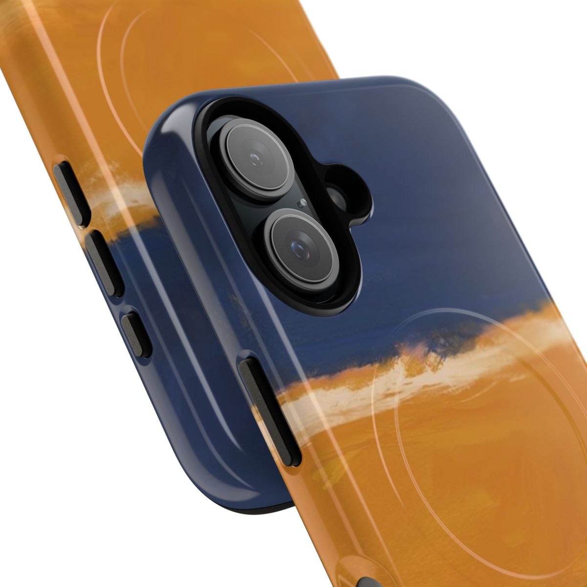 Artistic magnetic phone case in shades of orange and blue, inspired by abstract expressionist paintings - Detail