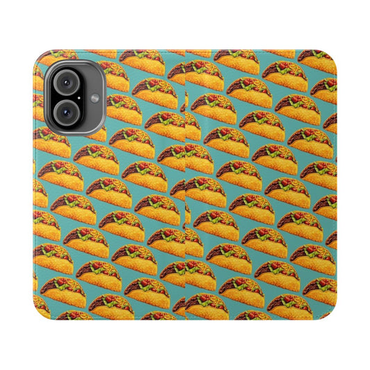 Taco-themed flip cover phone case with colorful taco pattern design