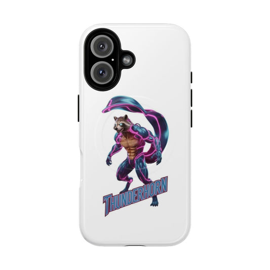 Neon-colored raccoon phone case with a gaming-inspired design