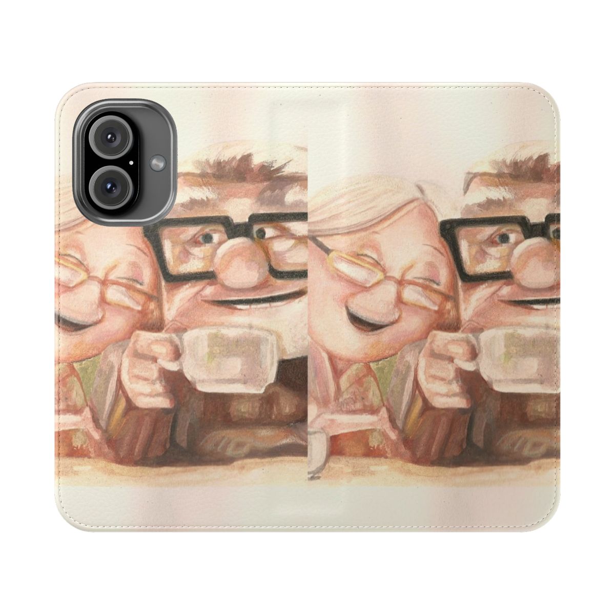 Colorful flip cover phone case featuring characters Carl and Ellie from the Disney Pixar animated movie Up.