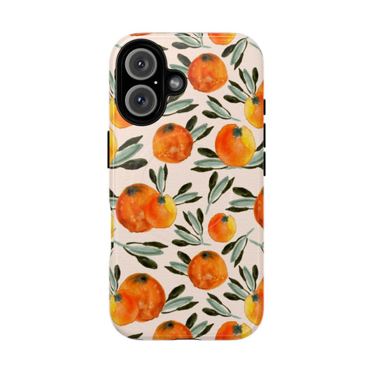 Closeup of a bright orange magnetic phone case with a watercolor background pattern