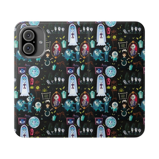 Flip cover phone case with a haunted mansion design, featuring ghostly elements like Madame Leota and the Ghost Host.