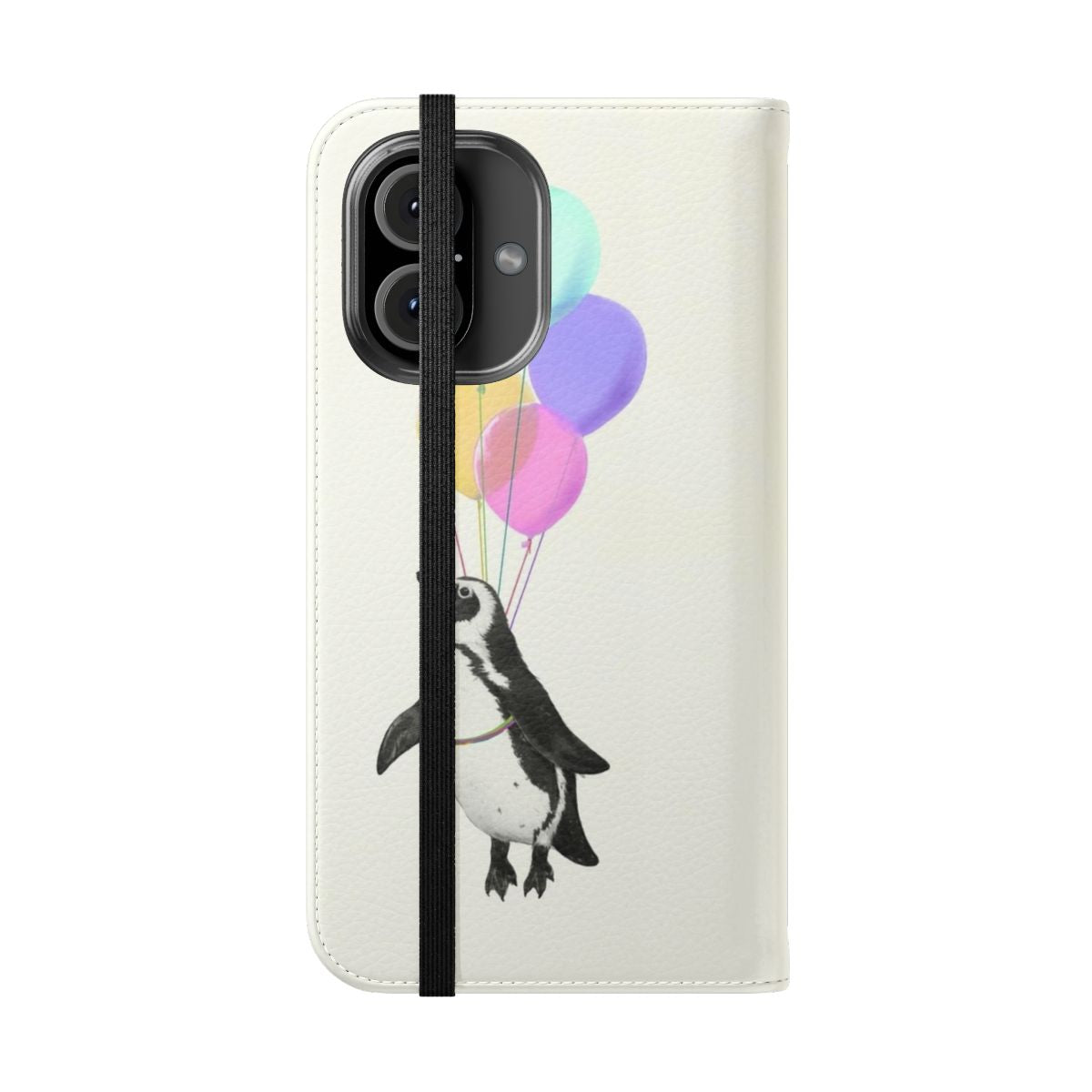 Whimsical flip phone case featuring a penguin flying with colorful balloons - Folded Front