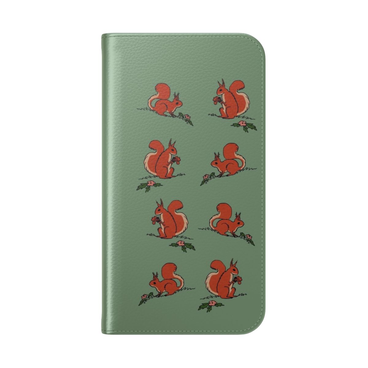 Flip cover phone case with an adorable squirrel design in a whimsical woodland setting - Folded Back