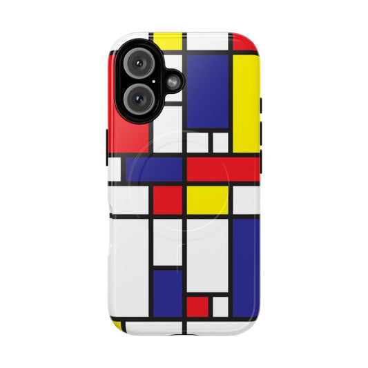 Mondrian-inspired phone case featuring abstract geometric shapes and color blocks