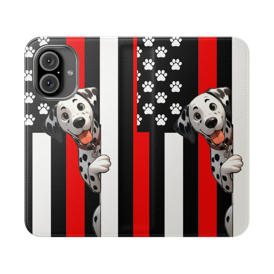 Dalmatian peeking out from behind an American flag design on a smartphone flip cover case