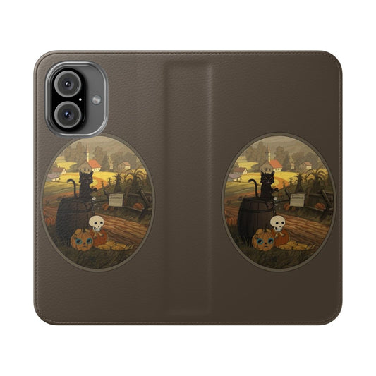 Gothic inspired flip cover phone case with black cat, pumpkin, and scull design