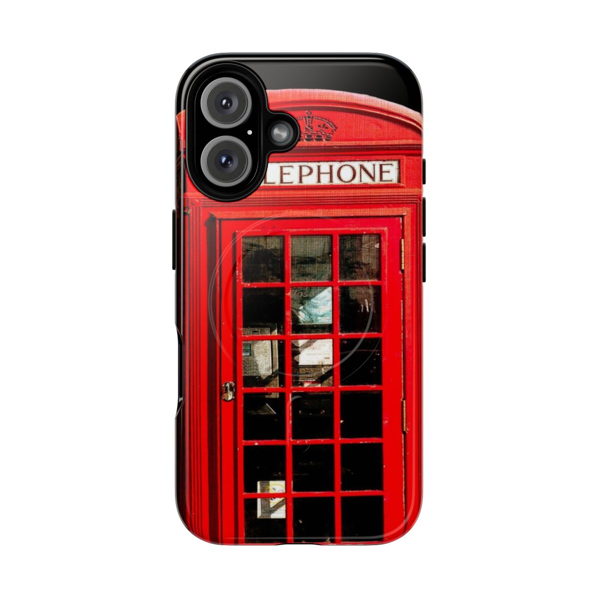 A red phone booth phone case with a magnetic, tough design.