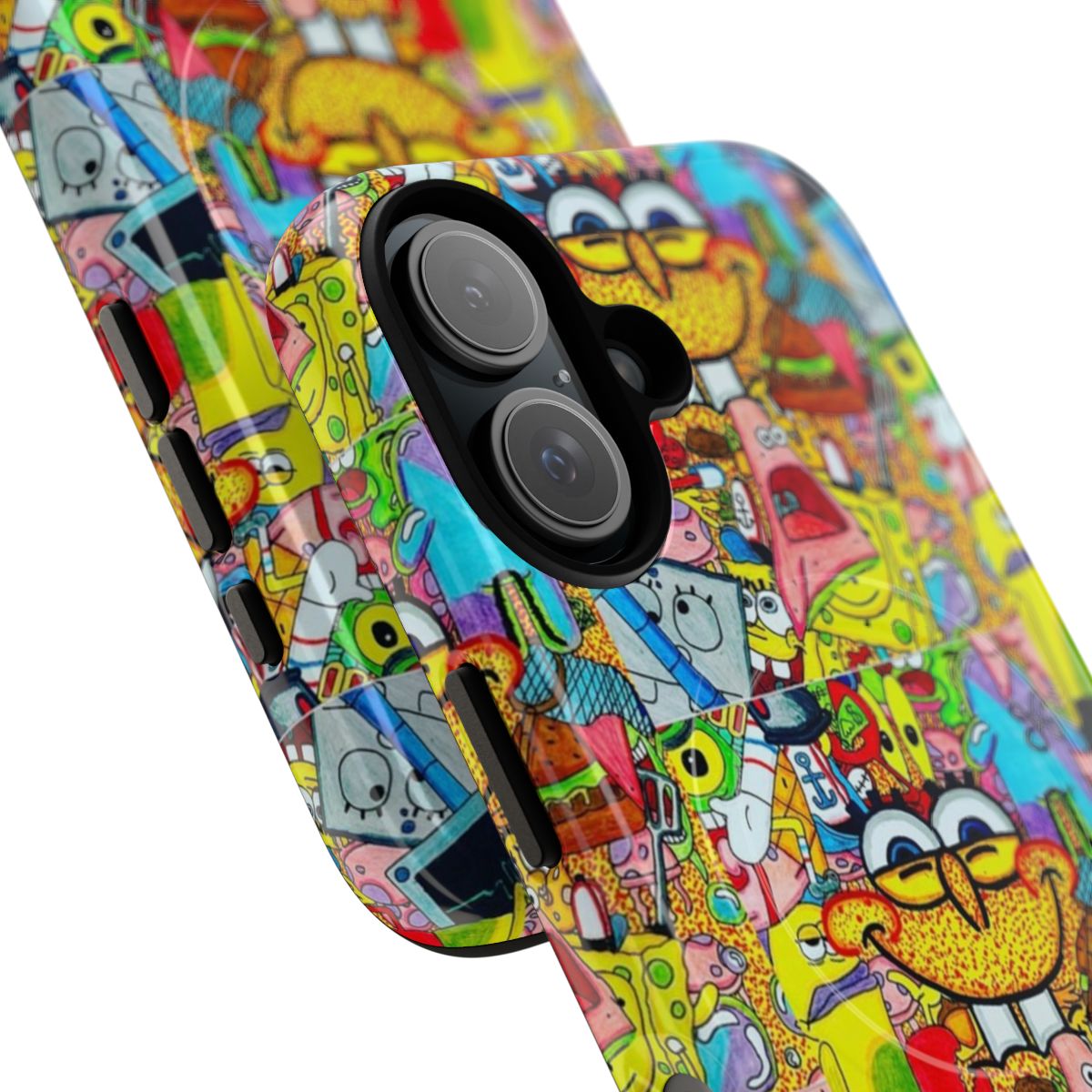 Vibrant Spongebob collage-style artwork on a durable magnetic phone case - Detail