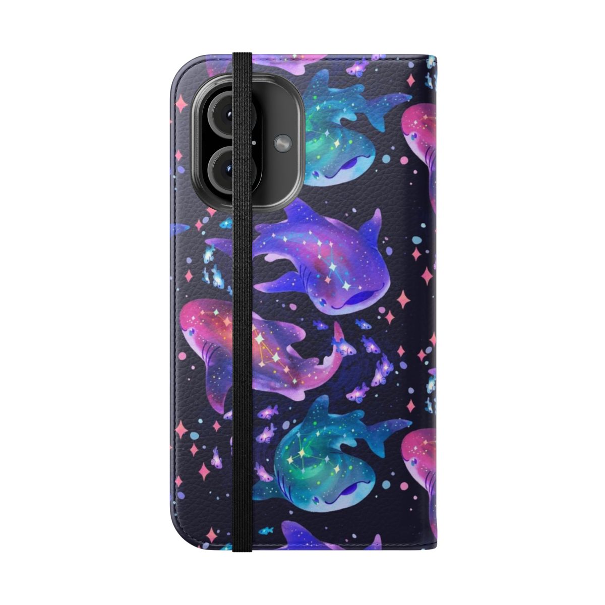 Vibrant phone case featuring a cosmic whale shark illustration against a starry galaxy background. - Folded Front