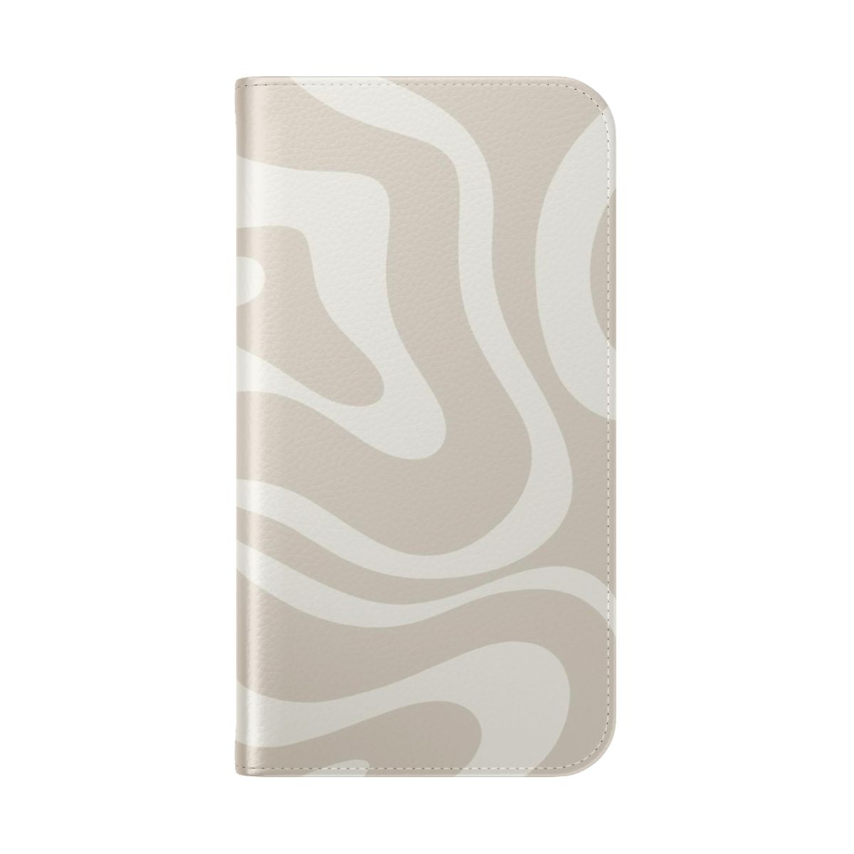 Neutral beige flip phone case with abstract swirl pattern in a modern, minimalist design. - Folded Back