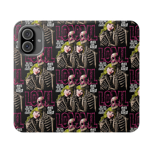 Vintage horror-themed flip cover phone case with skull and skeleton design