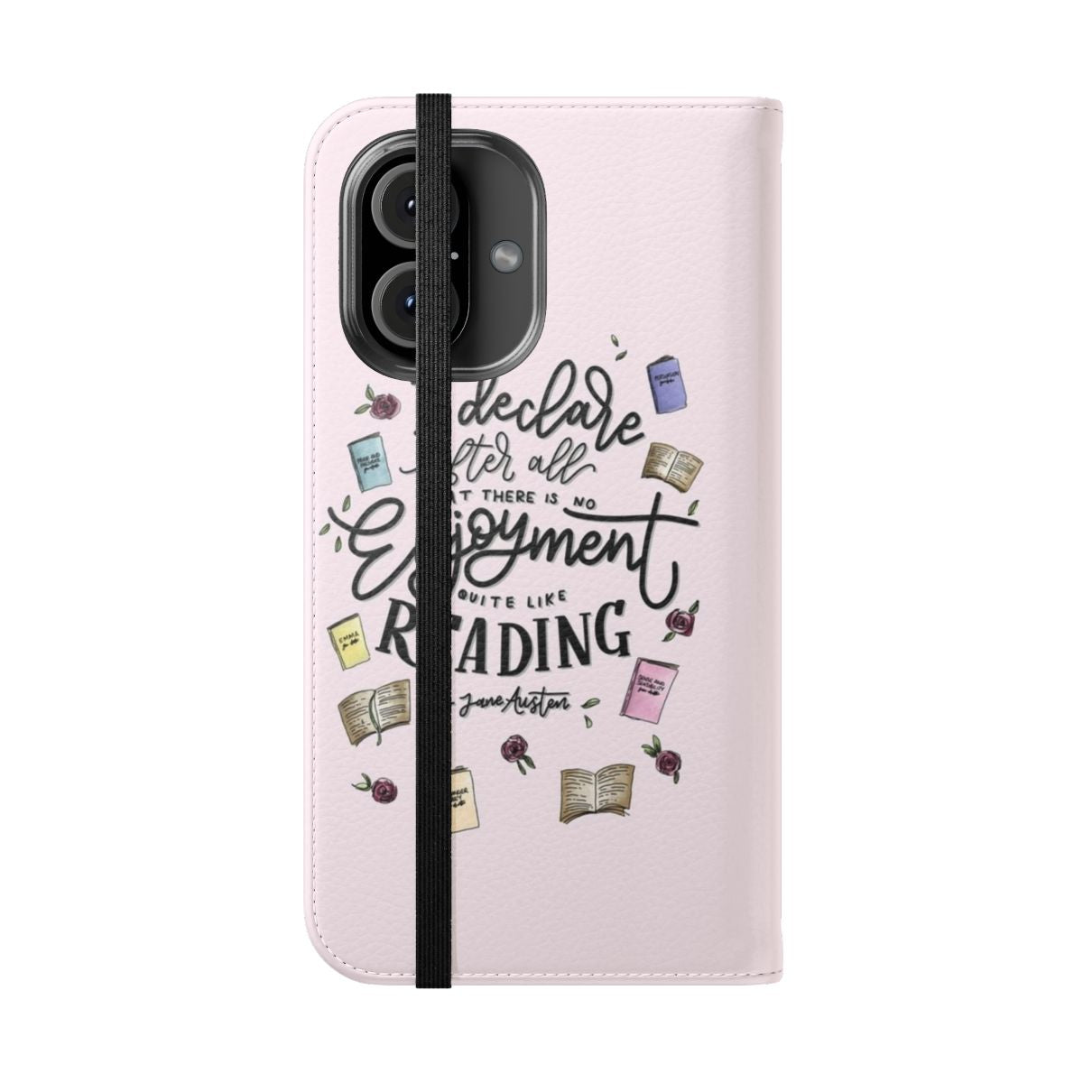 Flip cover phone case featuring hand-lettered Jane Austen quote - Folded Front