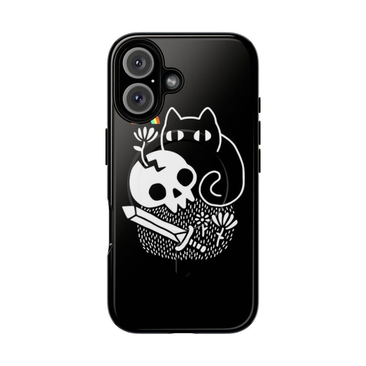 A tough magnetic phone case featuring a design with cats, skulls, rainbows, and floral patterns.