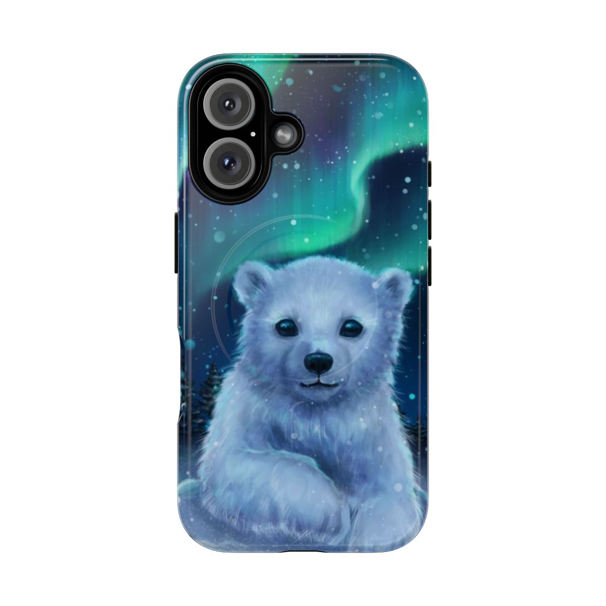 Closeup of a phone case featuring a cute polar bear design against a starry night sky and aurora borealis.