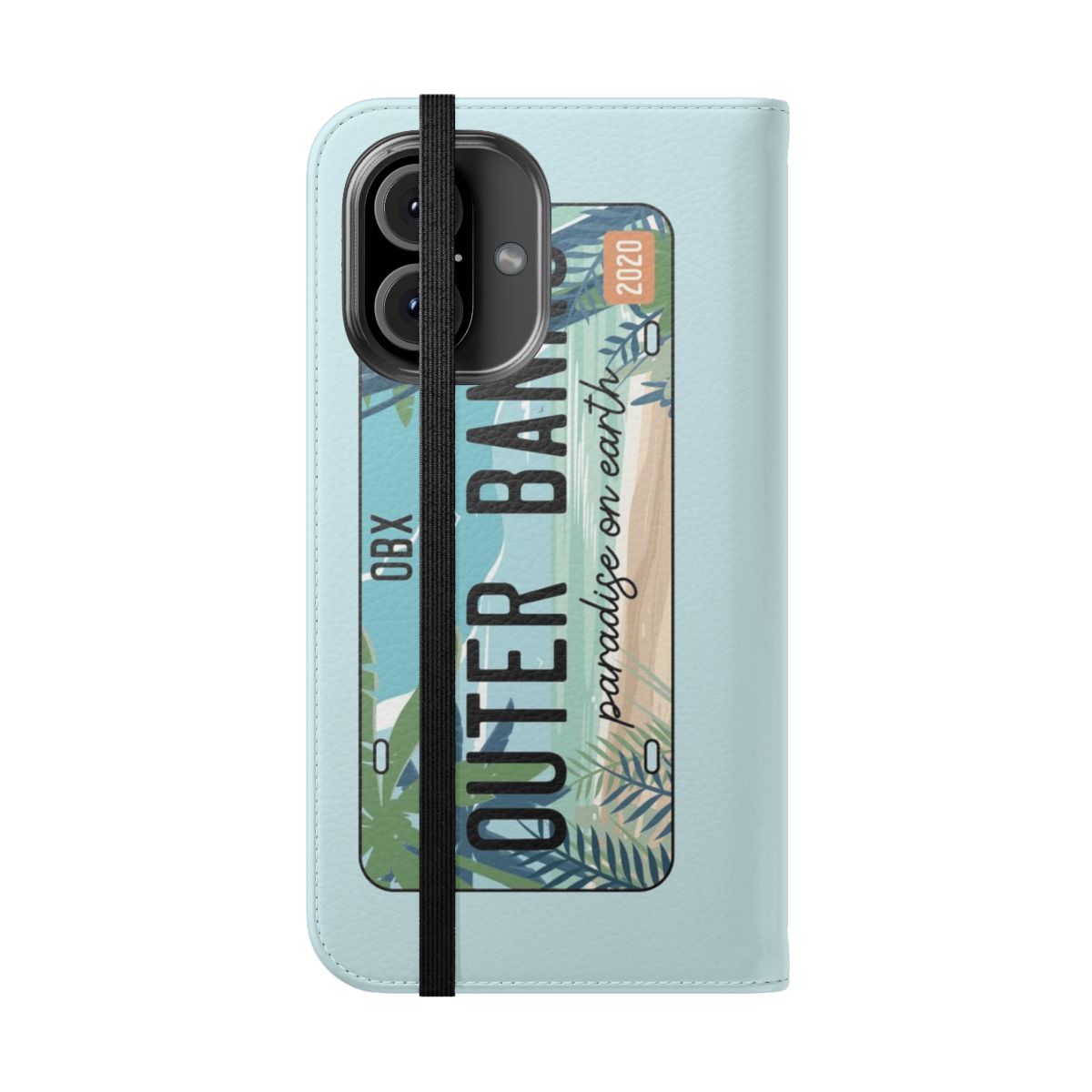 Outer Banks-Inspired Beach Flip Phone Case Cover with Palm Trees and Beach Scenery - Folded Front