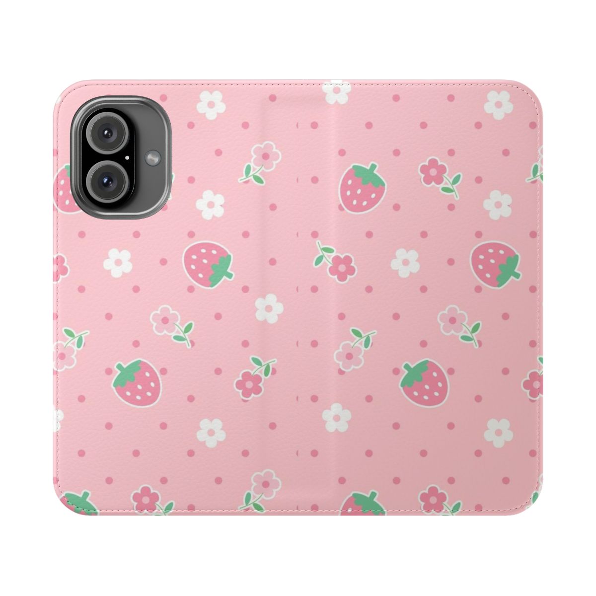 A pastel pink phone case with strawberries, flowers, and dot patterns in a cute, kawaii style.