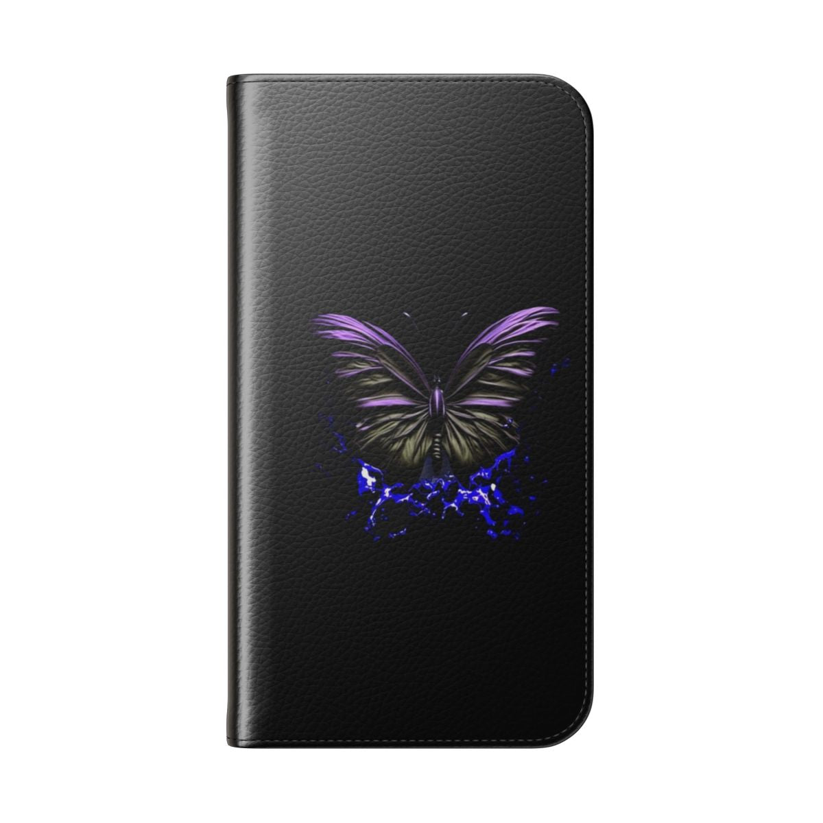 Flip phone case with a vibrant blue and purple butterfly design - Folded Back