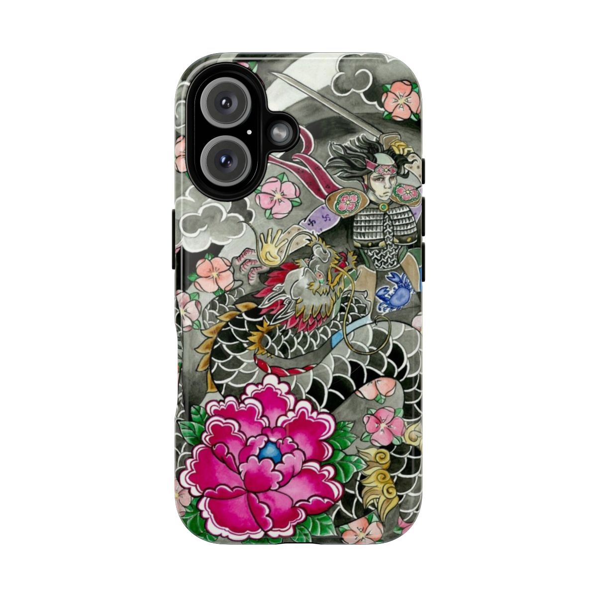 A phone case featuring a watercolor-style design of a samurai and dragon against a Japanese backdrop.