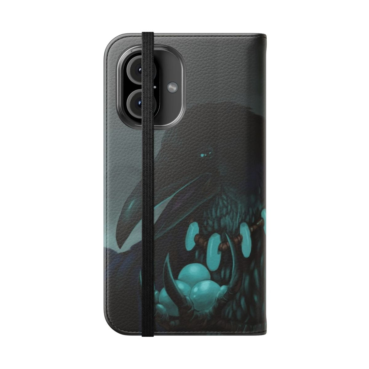 Flip cover phone case with a fantasy art design featuring a mysterious crow or raven against a dark, stormy background. - Folded Front